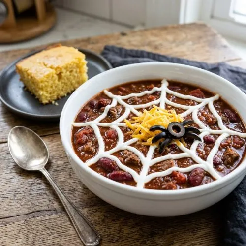 Witches' brew chili bowls with sour cream spiderwebs