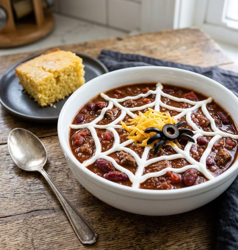 Witches' brew chili bowls with sour cream spiderwebs