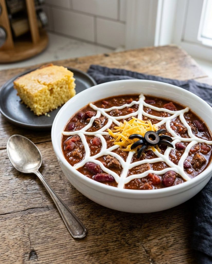 Witches' brew chili bowls with sour cream spiderwebs