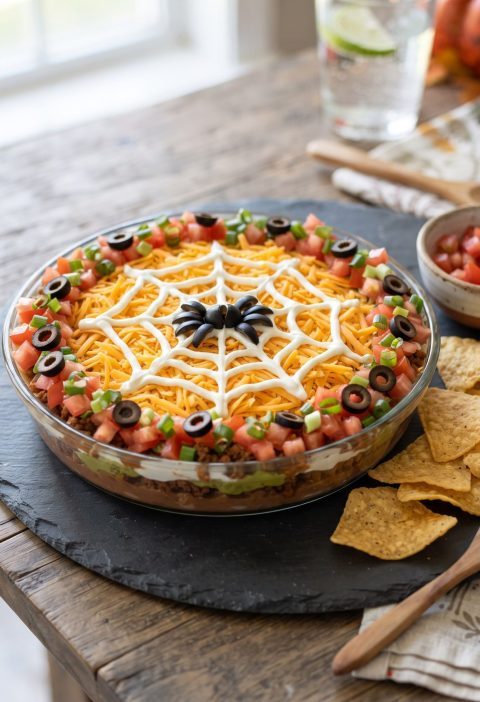 Spiderweb taco dip with an olive spider