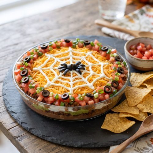 Spiderweb taco dip with an olive spider
