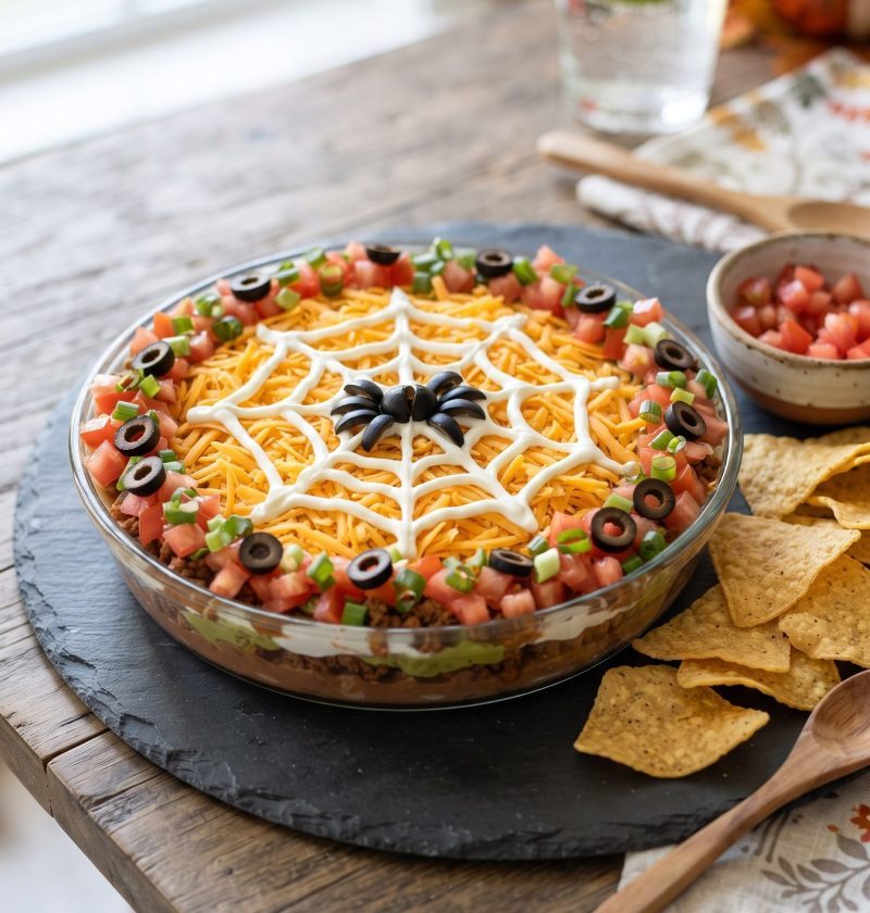 Spiderweb taco dip with an olive spider