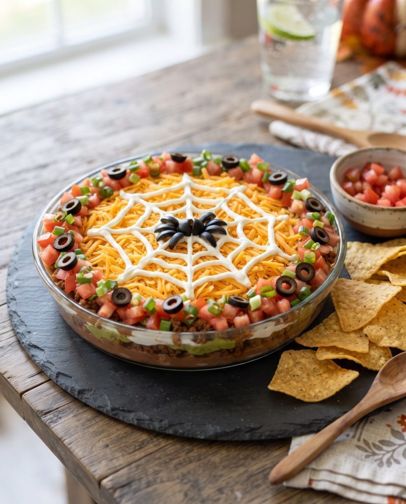 Spiderweb taco dip with an olive spider