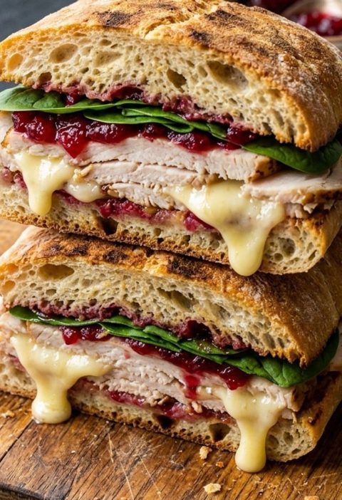 Turkey cranberry and brie sandwich cut in half