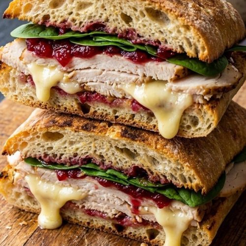 Turkey cranberry and brie sandwich cut in half