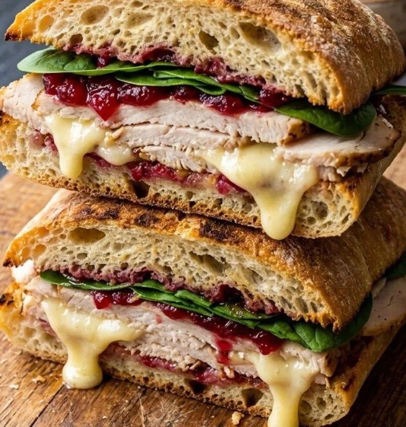 Turkey cranberry and brie sandwich cut in half
