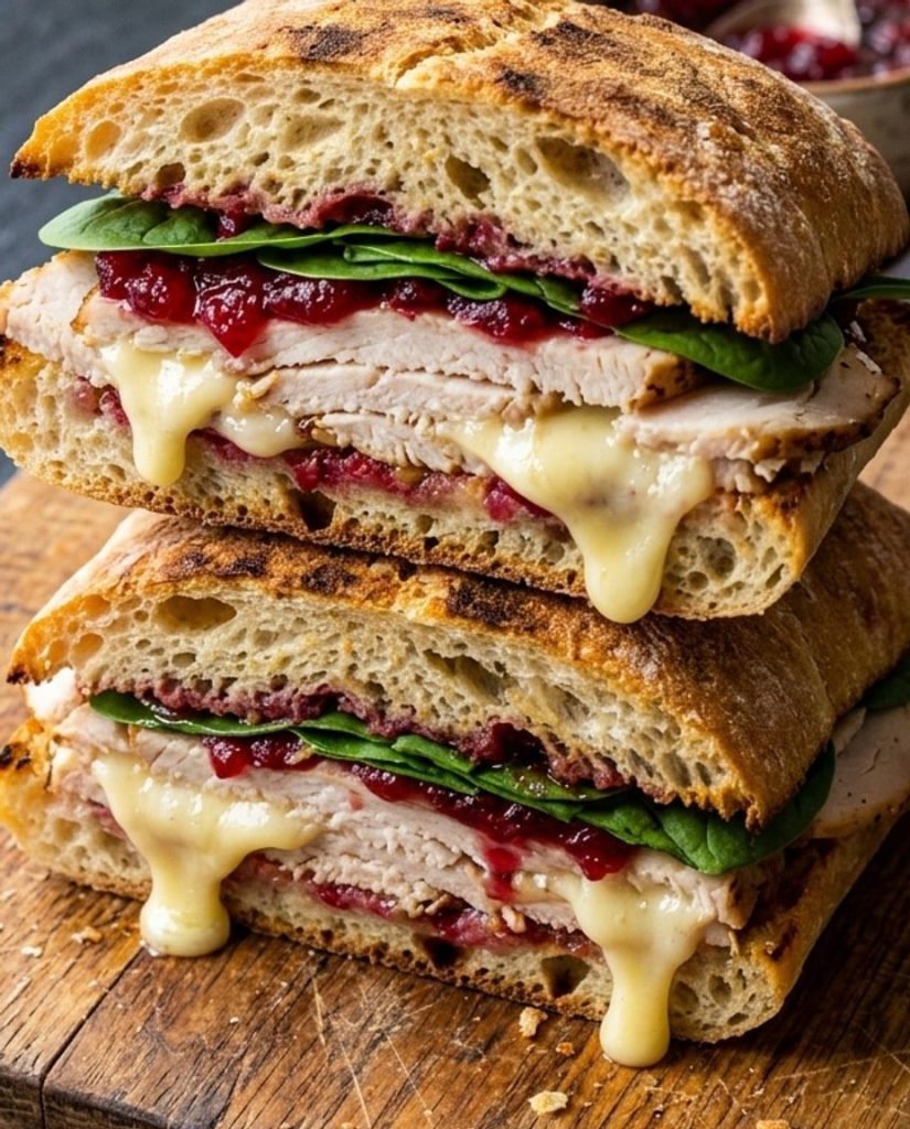 Turkey cranberry and brie sandwich cut in half