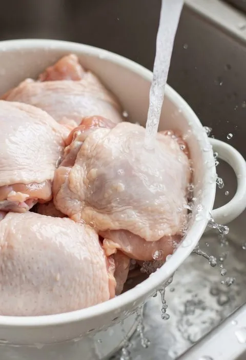 Rinsing raw chicken in the sink