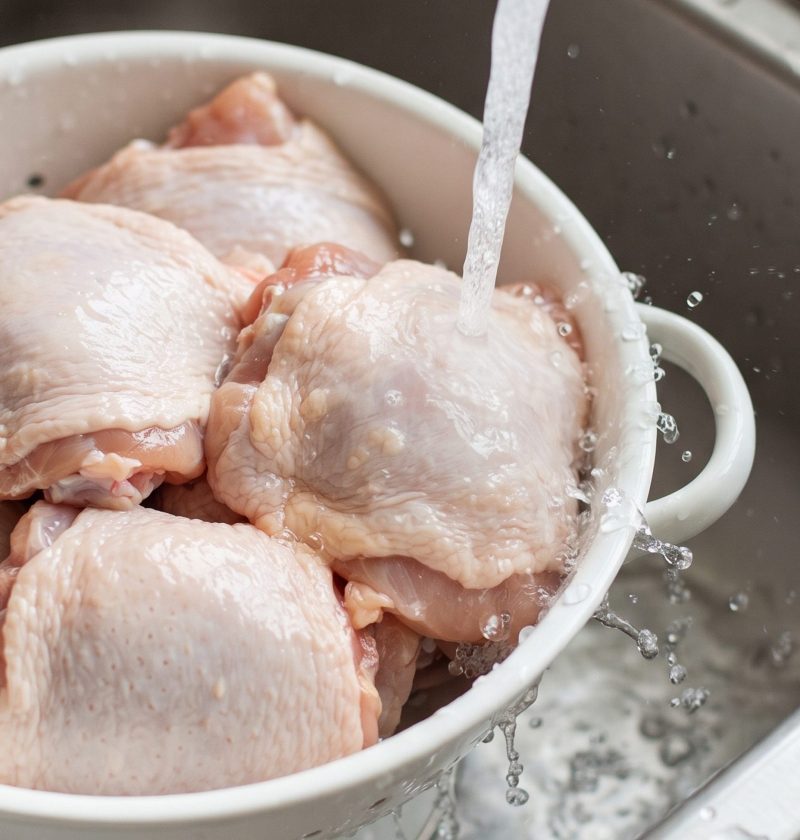 Rinsing raw chicken in the sink