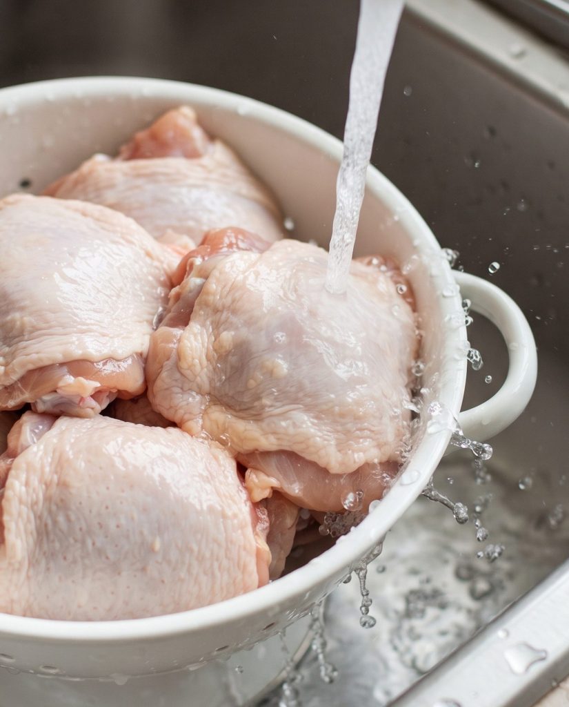 Rinsing raw chicken in the sink
