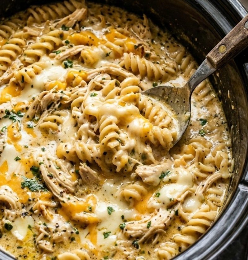 Stirring cheese into a slow cooker