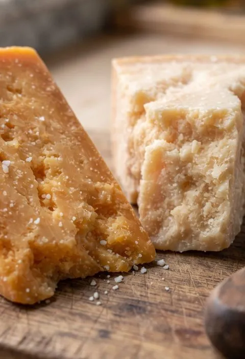 Aged cheese with white crunchy crystals