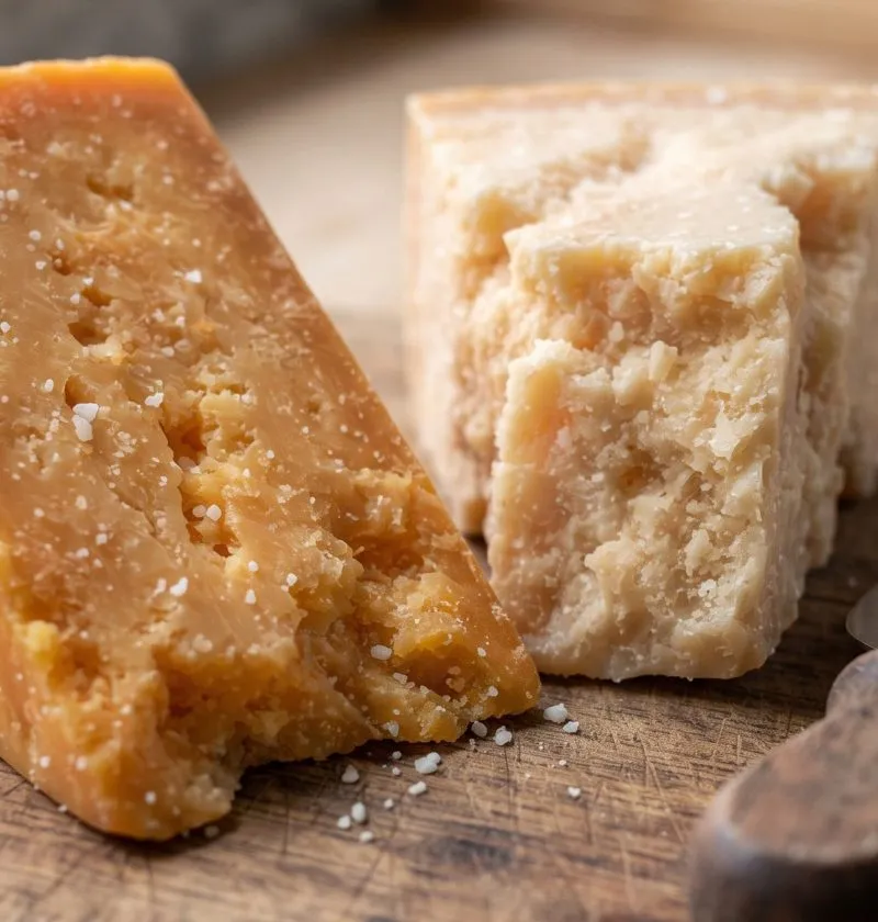 Aged cheese with white crunchy crystals
