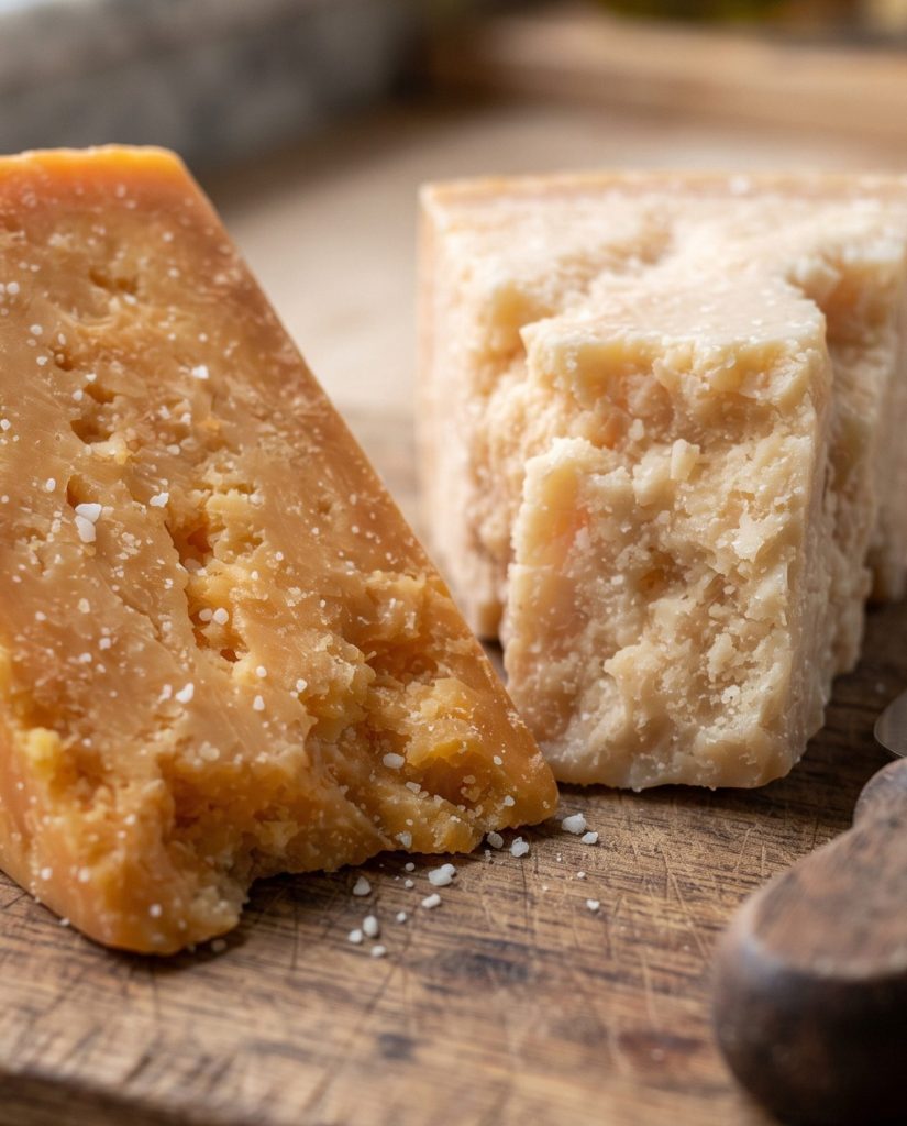 Aged cheese with white crunchy crystals