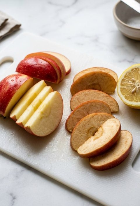 Fresh white apple slices next to browned slices