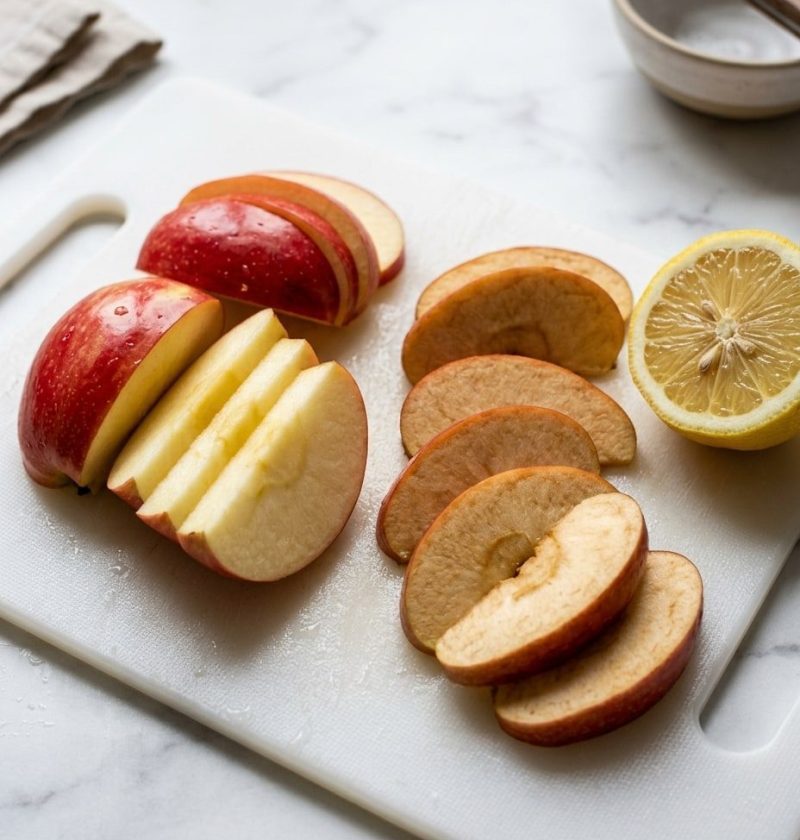 Fresh white apple slices next to browned slices