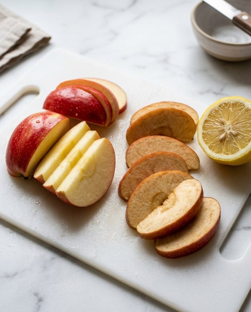 Fresh white apple slices next to browned slices