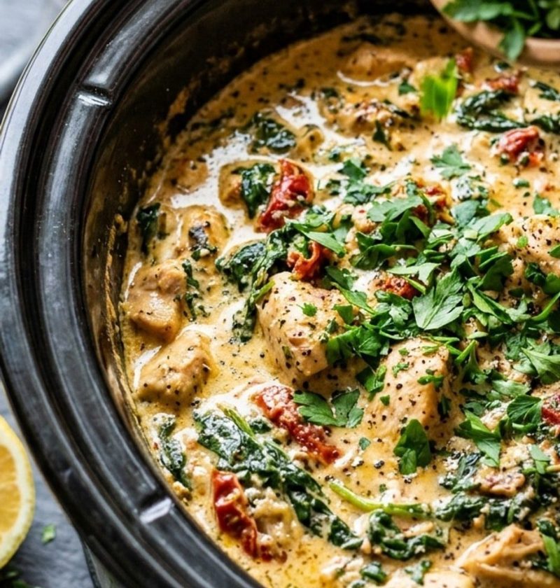Finishing a slow cooker dish with herbs