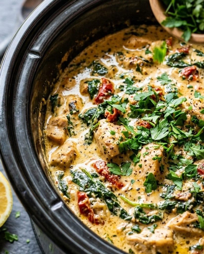 Finishing a slow cooker dish with herbs
