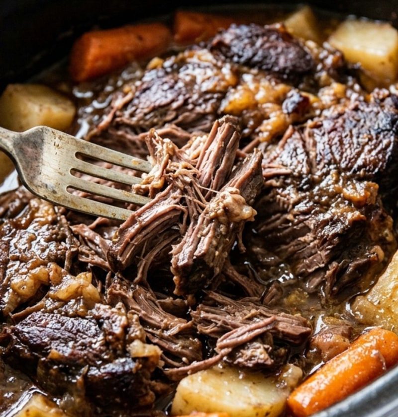 Tender pot roast pulled apart with a fork