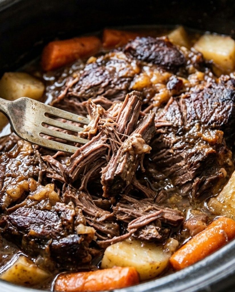 Tender pot roast pulled apart with a fork