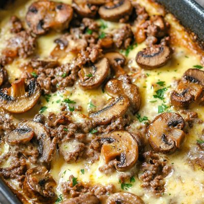 Hamburger mushroom bake with melted cheese in a casserole dish