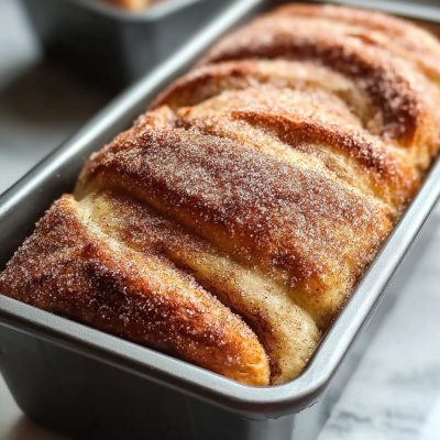 Cinnamon donut bread coated with cinnamon sugar in a loaf pan
