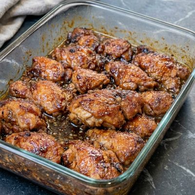 Oven-baked church supper chicken in a glass baking dish